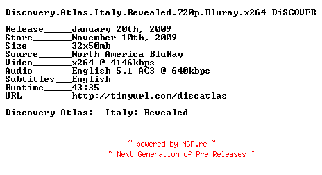 NFO for the release Discovery.Atlas.Italy.Revealed.720p.Bluray.x264-DiSCOVER by DiSCOVER