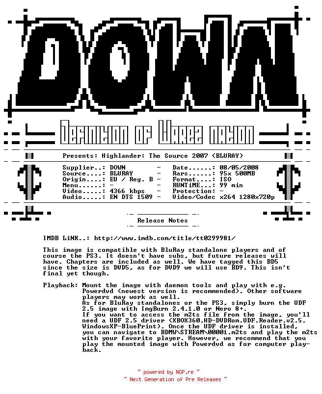 NFO for the release Highlander.The.Source.720p.BluRay.BD5.x264-DOWN by DOWN