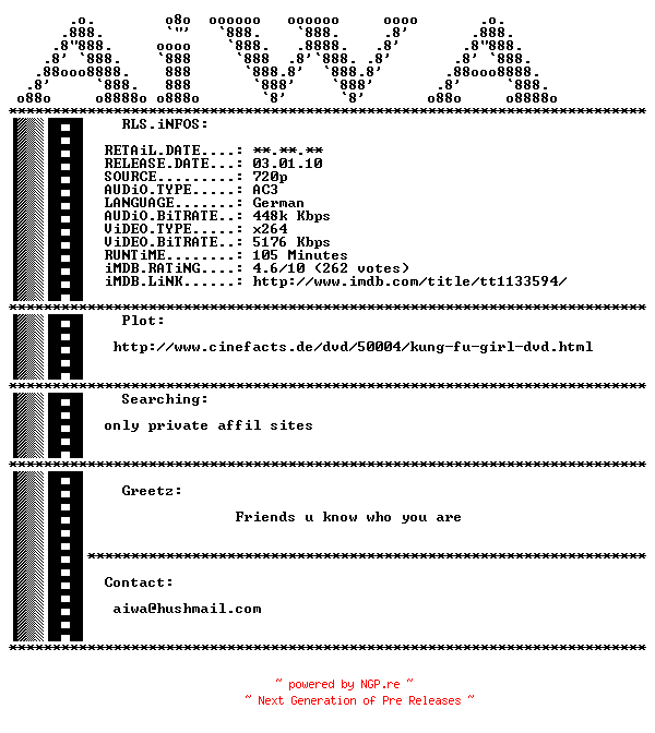 NFO for the release Kung.Fu.Girl.German.AC3D.720p.BluRay.x264-AiWA by AiWA