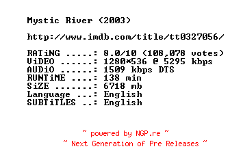 NFO for the release Mystic.River.2003.720p.BluRay.x264-MELiTE by MELiTE