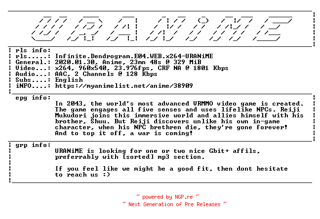 NFO for the release Infinite.Dendrogram.E04.WEB.x264-URANiME by URANiME