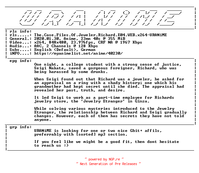 NFO for the release The.Case.Files.Of.Jeweler.Richard.E04.WEB.x264-URANiME by URANiME
