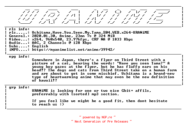 NFO for the release Uchitama.Have.You.Seen.My.Tama.E04.WEB.x264-URANiME by URANiME