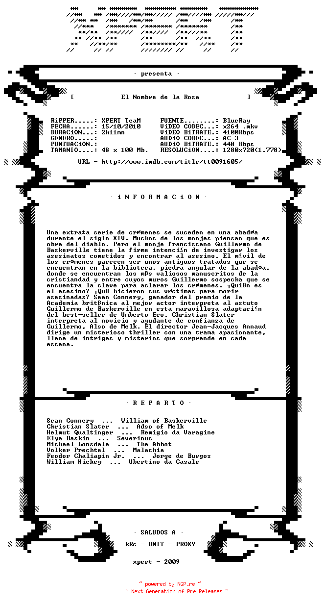 NFO for the release El.Nombre.De.La.Rosa.1986.SPANiSH.720p.BluRay.x264-XPERT_HD by XPERT_HD