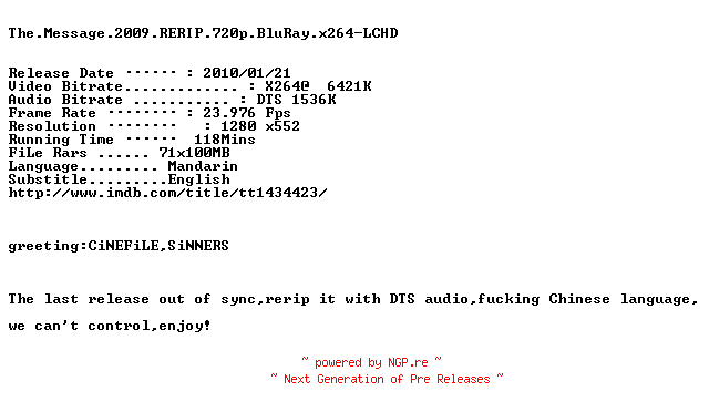NFO for the release The.Message.2009.RERIP.720p.BluRay.x264-LCHD by LCHD