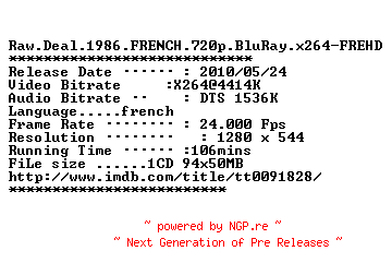 NFO for the release Raw.Deal.1986.FRENCH.720p.BluRay.x264-FREHD by FREHD