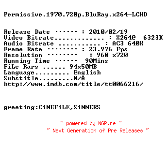 NFO for the release Permissive.1970.720p.BluRay.x264-LCHD by LCHD