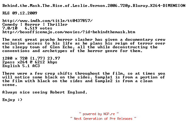NFO for the release Behind.the.Mask.The.Rise.of.Leslie.Vernon.2006.720p.Bluray.X264-DIMENSION by DIMENSION
