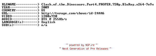 NFO for the release Clash.of.the.Dinosaurs.Part4.PROPER.720p.BluRay.x264-7o9x by 7o9x