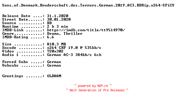 NFO for the release Sons.of.Denmark.Bruderschaft.des.Terrors.German.2019.AC3.BDRip.x264-SPiCY by SPiCY