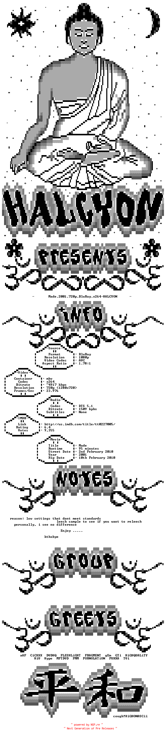 NFO for the release Made.2001.REPACK.720p.BluRay.x264-HALCYON by HALCYON