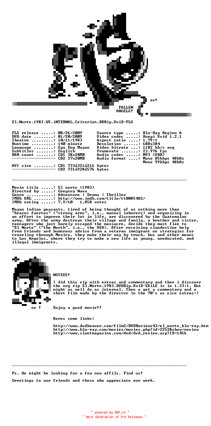 NFO for the release El.Norte.1983.WS.iNTERNAL.Criterion.BDRip.XviD-FLS by FLS