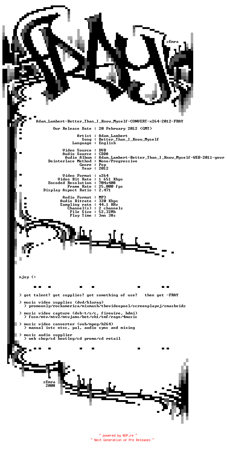 NFO for the release Adam_Lambert-Better_Than_I_Know_Myself-CONVERT-x264-2012-FRAY by FRAY