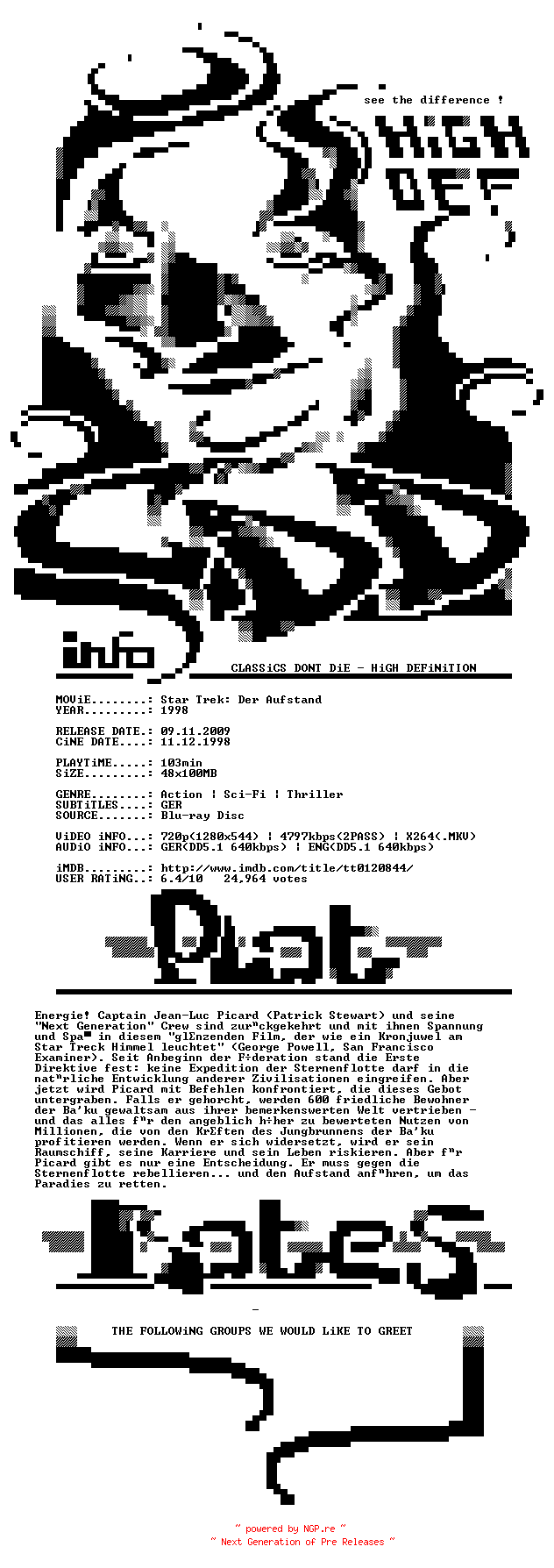NFO for the release Star.Trek.Der.Aufstand.1998.German.DL.720p.BluRay.x264-CDD by CDD