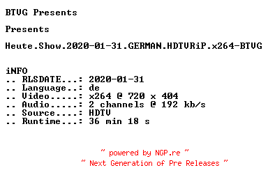 NFO for the release Heute.Show.2020-01-31.GERMAN.HDTVRiP.x264-BTVG by BTVG