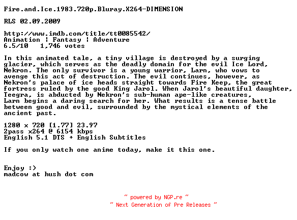NFO for the release Fire.and.Ice.1983.720p.Bluray.X264-DIMENSION by DIMENSION