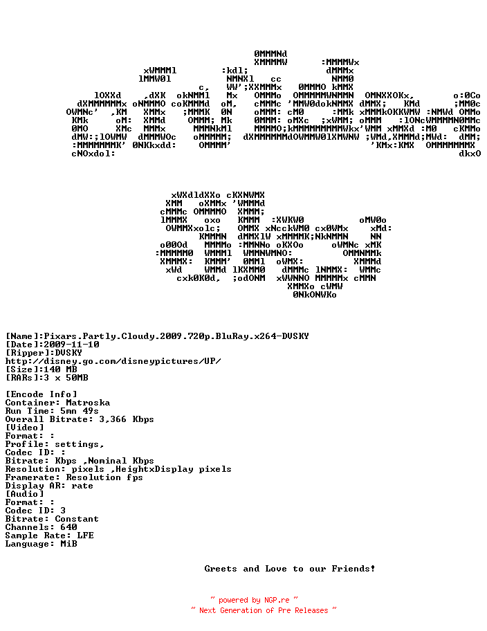 NFO for the release Pixars.Partly.Cloudy.2009.720p.BluRay.x264-DVSKY by DVSKY