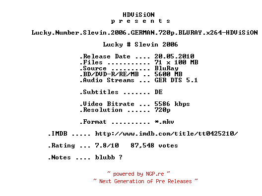 NFO for the release Lucky.Number.Slevin.2006.GERMAN.720p.BLURAY.x264-HDViSiON by HDViSiON