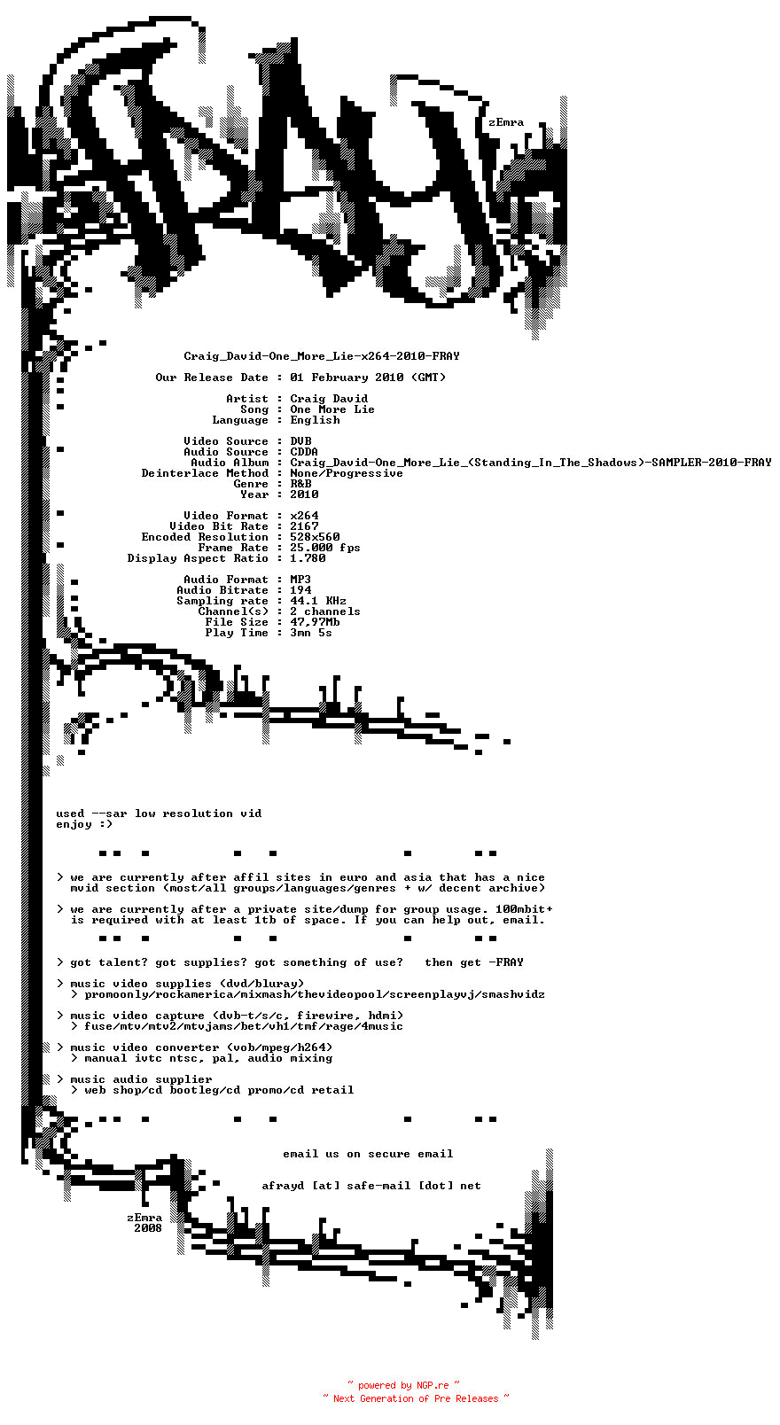 NFO for the release Craig_David-One_More_Lie-x264-2010-FRAY by FRAY