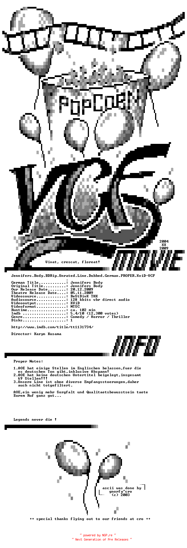 NFO for the release Jennifers.Body.Unrated.BDRip.Line.Dubbed.German.PROPER.XviD-VCF by VCF