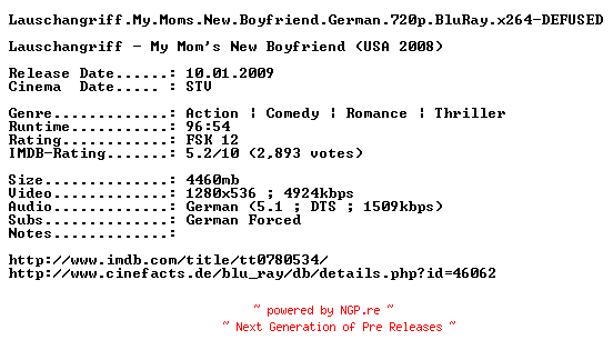 NFO for the release Lauschangriff.My.Moms.New.Boyfriend.German.720p.BluRay.x264-DEFUSED by DEFUSED