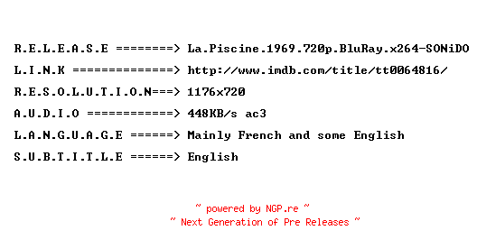 NFO for the release La.Piscine.1969.720p.BluRay.x264-SONiDO by SONiDO