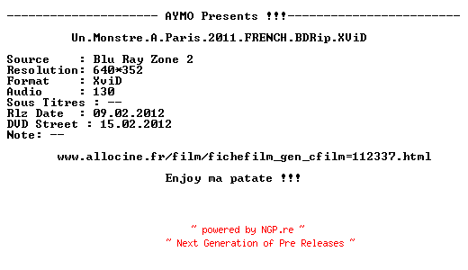 NFO for the release Un.Monstre.A.Paris.2011.FRENCH.BDRip.XViD-AYMO by AYMO