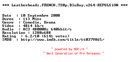 NFO for the release Leatherheads.FRENCH.720p.BluRay.x264-REPULSiON by REPULSiON