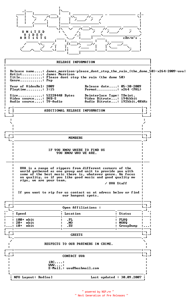 NFO for the release James_morrison-please_dont_stop_the_rain_(the_dome_50)-x264-2009-uva by uva
