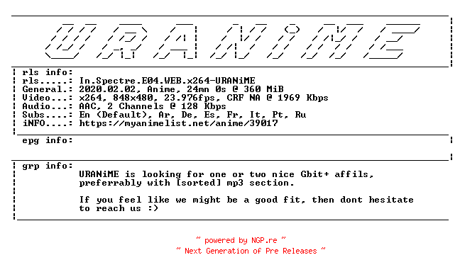 NFO for the release In.Spectre.E04.WEB.x264-URANiME by URANiME