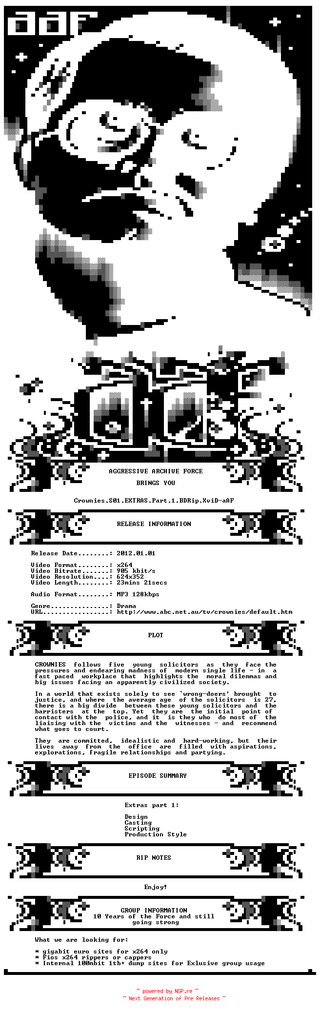 NFO for the release Crownies.S01.EXTRAS.Part.1.BDRip.XviD-aAF by aAF