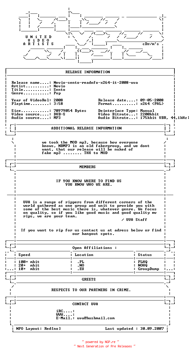 NFO for the release Nevio-sento-readnfo-x264-it-2008-uva by uva