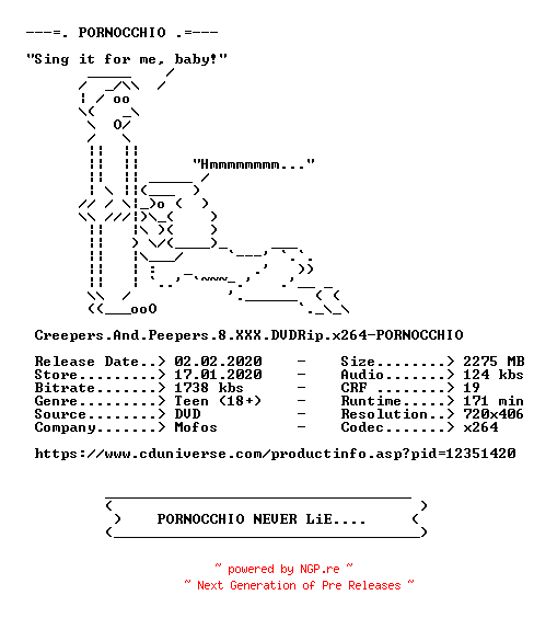 NFO for the release Creepers.And.Peepers.8.XXX.DVDRip.x264-PORNOCCHIO by PORNOCCHIO