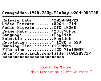 NFO for the release Armageddon.1998.720p.BluRay.x264-AVS720 by AVS720