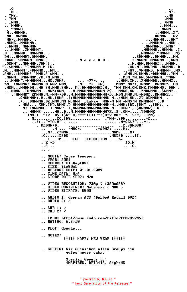 NFO for the release Super.Troopers.2001.German.AC3.Dubbed.720p.BluRay.x264-MoreHD by MoreHD