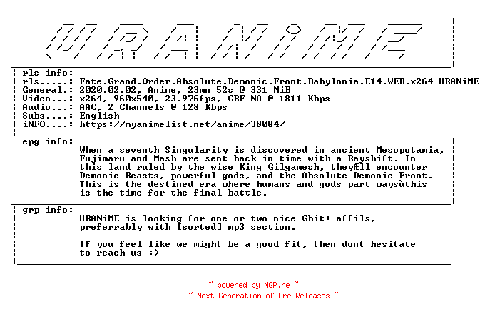 NFO for the release Fate.Grand.Order.Absolute.Demonic.Front.Babylonia.E14.WEB.x264-URANiME by URANiME