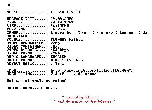 NFO for the release El.Cid.1961.720p.BluRay.x264.REPACK-VOA by VOA