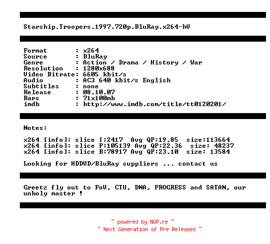 NFO for the release Starship.Troopers.1997.720p.BluRay.x264-hV by hV