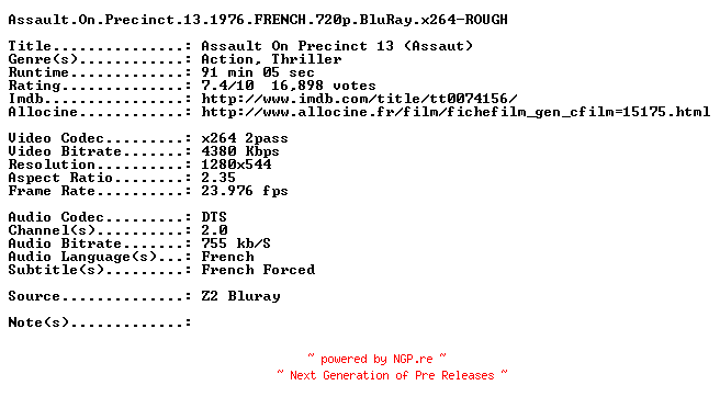 NFO for the release Assault.On.Precinct.13.1976.FRENCH.720p.BluRay.x264-ROUGH by ROUGH