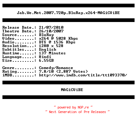 NFO for the release Jab.We.Met.2007.720p.BluRay.x264-MAGiCViBE by MAGiCViBE