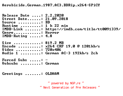 NFO for the release Aerobicide.German.1987.AC3.BDRip.x264-SPiCY by SPiCY