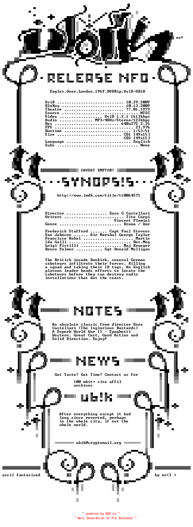 NFO for the release Eagles.Over.London.1969.BDRip.XviD-UBiK by UBiK