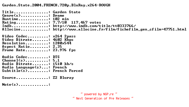 NFO for the release Garden.State.2004.FRENCH.720p.BluRay.x264-ROUGH by ROUGH