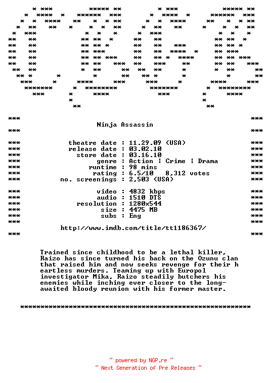 NFO for the release Ninja.Assassin.720p.Bluray.x264-CBGB by CBGB