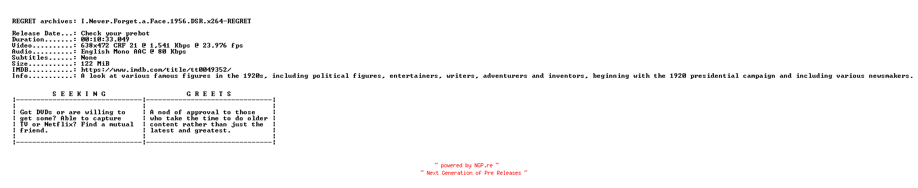 NFO for the release I.Never.Forget.a.Face.1956.DSR.x264-REGRET by REGRET