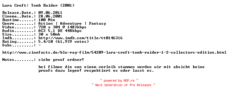 NFO for the release Lara.Croft.Tomb.Raider.German.2001.AC3.BDRip.XviD.INTERNAL-ARC by ARC