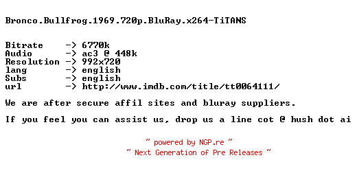 NFO for the release Bronco.Bullfrog.1969.720p.BluRay.x264-TiTANS by TiTANS