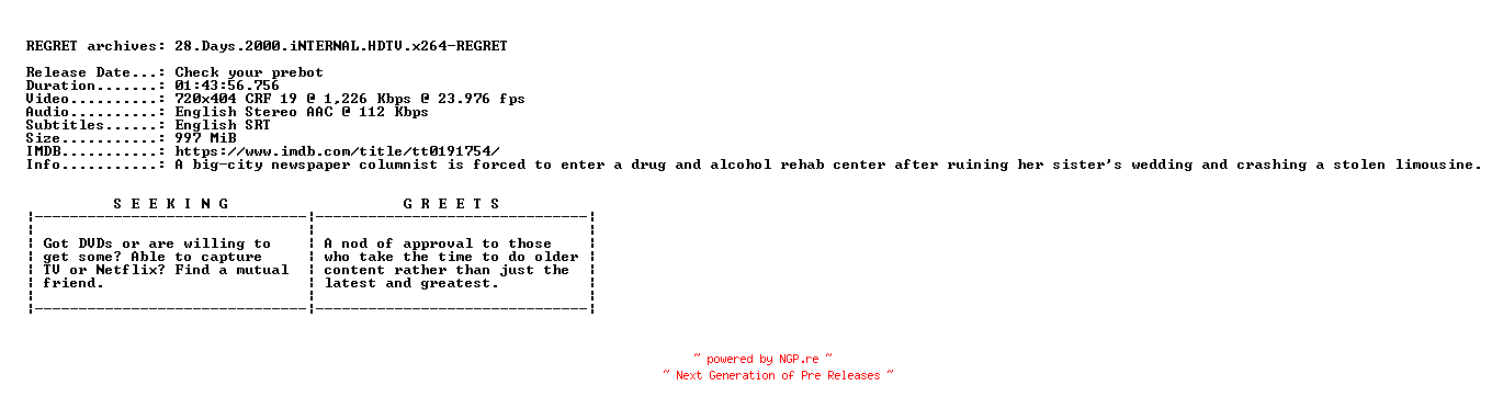 NFO for the release 28.Days.2000.iNTERNAL.HDTV.x264-REGRET by REGRET