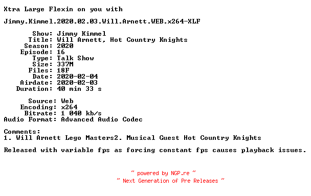 NFO for the release Jimmy.Kimmel.2020.02.03.Will.Arnett.WEB.x264-XLF by XLF