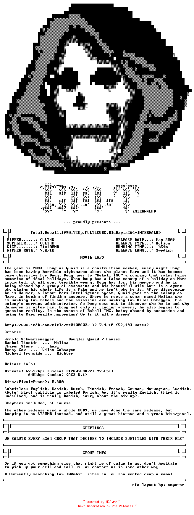 NFO for the release Total.Recall.1990.720p.MULTiSUBS.BluRay.x264-iNTERNALHD by iNTERNALHD